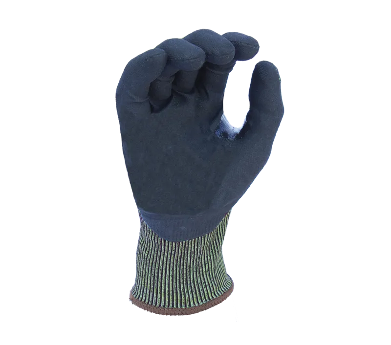 18G Hi-Vis Yellow HDPE, Black Micro-Foam Nitrile Palm coated, Reinforced Thumb Crotch, ANSI Cut A4