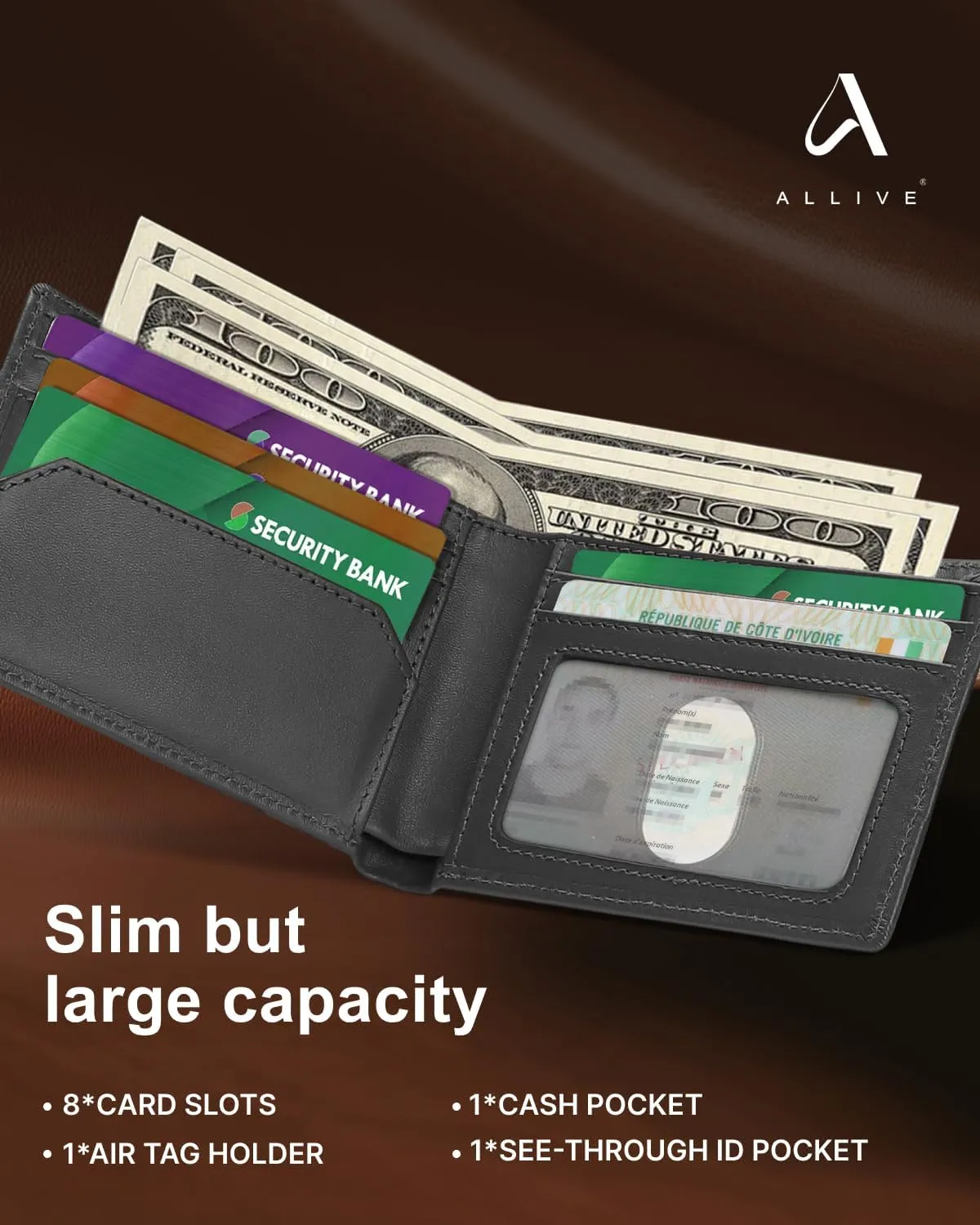 ALLIVE Airtag wallet for men - Genuine Leather Mens Wallet RFID Blocking Slim Billfold with Built-in AirTag Holder, 8 Card Slots, Minimalist Front Pocket Wallet with Gift Box (Classic Black)