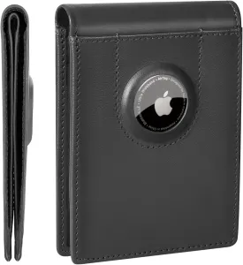 ALLIVE Airtag wallet for men - Genuine Leather Mens Wallet RFID Blocking Slim Billfold with Built-in AirTag Holder, 8 Card Slots, Minimalist Front Pocket Wallet with Gift Box (Classic Black)