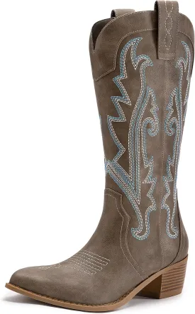 Athlefit Cowboy Boots for Women Western Cowgirl Boots Fashion Embroidered Pointed Toe Chunky Heel Mid Calf Boots