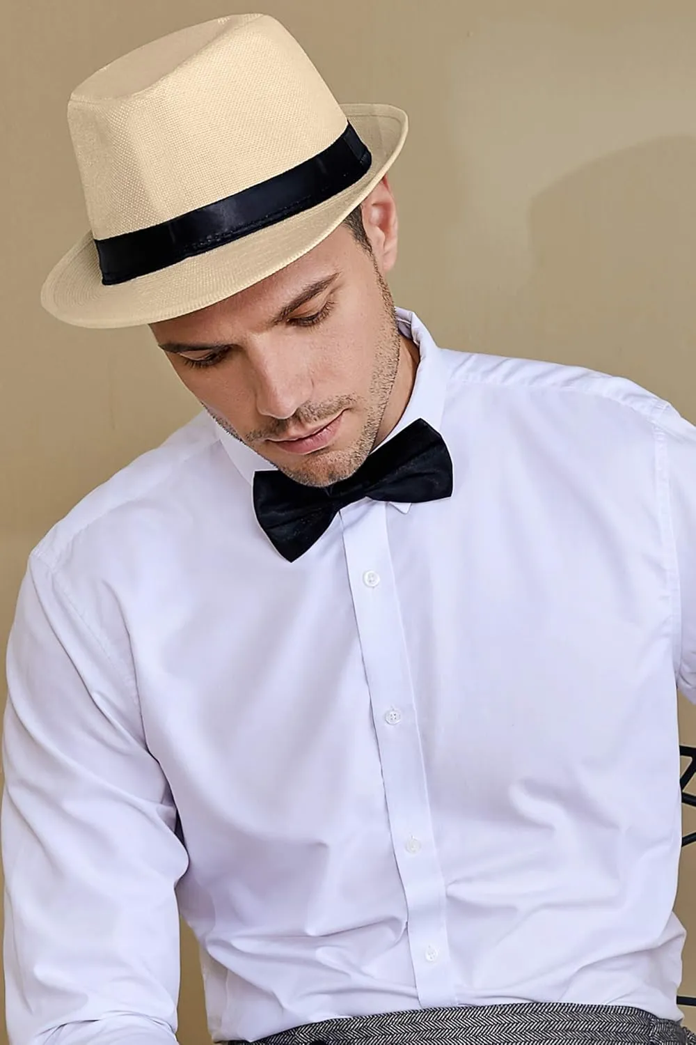 BABEYOND Straw Trilby Fedora Hat for Men-1920s Felt Panama Hat Short Brim Summer Cap with Ribbon