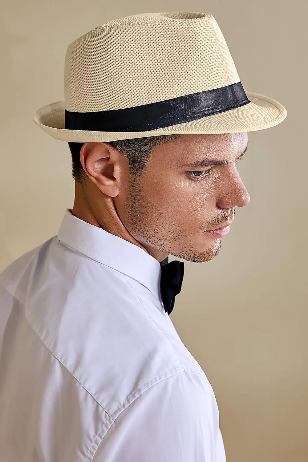 BABEYOND Straw Trilby Fedora Hat for Men-1920s Felt Panama Hat Short Brim Summer Cap with Ribbon