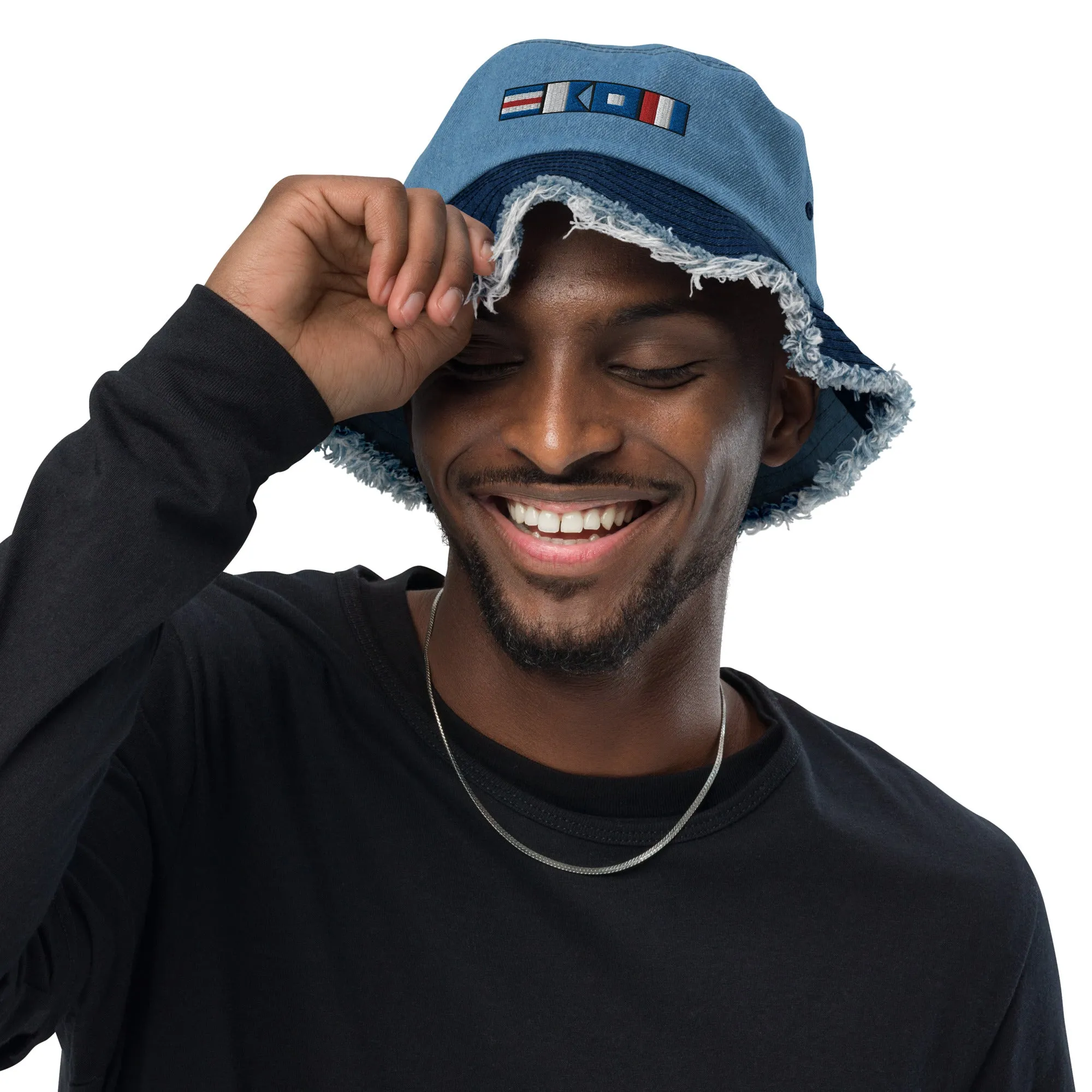 Distressed denim bucket hat with CAPT (captain) spelled using nautical flags, Semaphore flag design