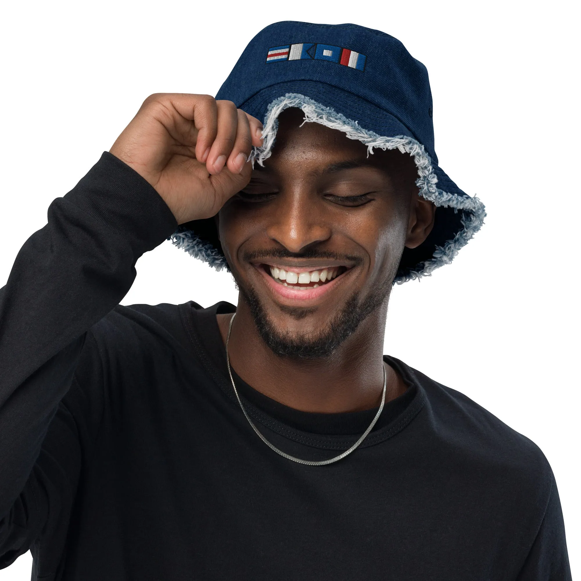 Distressed denim bucket hat with CAPT (captain) spelled using nautical flags, Semaphore flag design