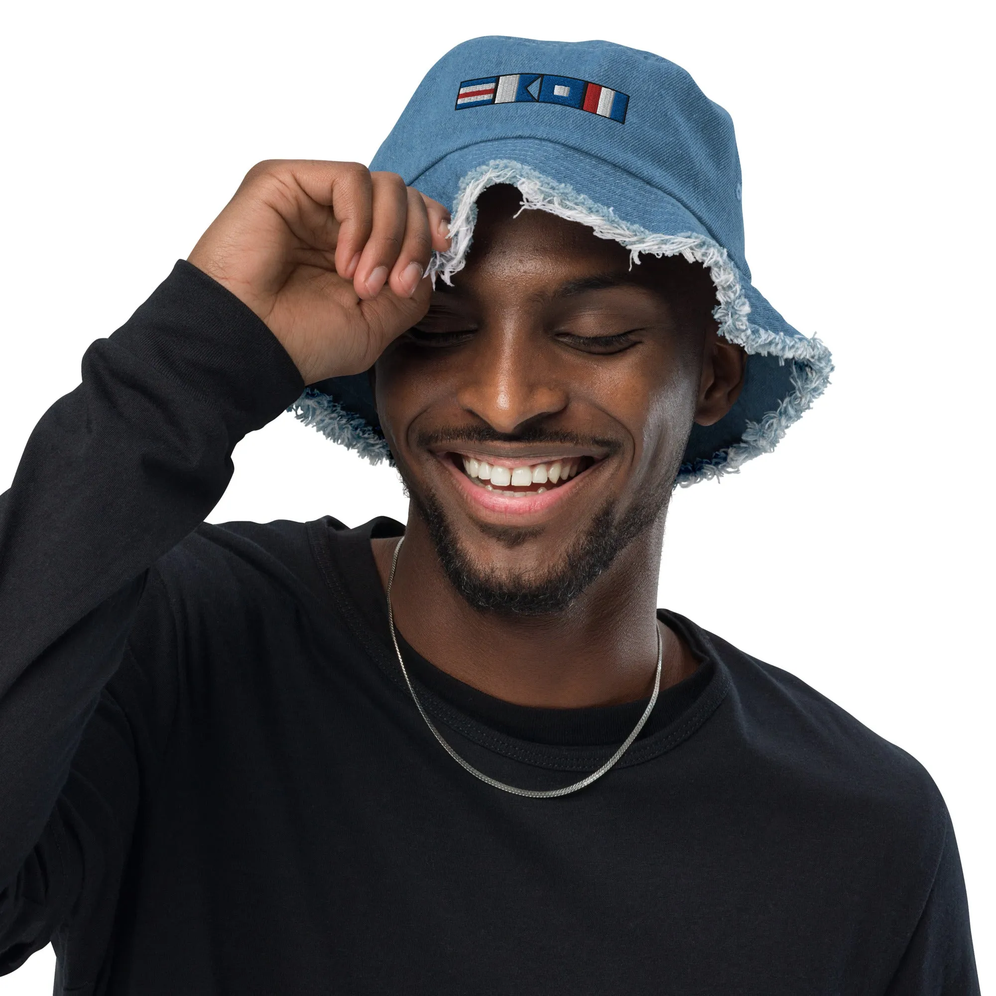 Distressed denim bucket hat with CAPT (captain) spelled using nautical flags, Semaphore flag design