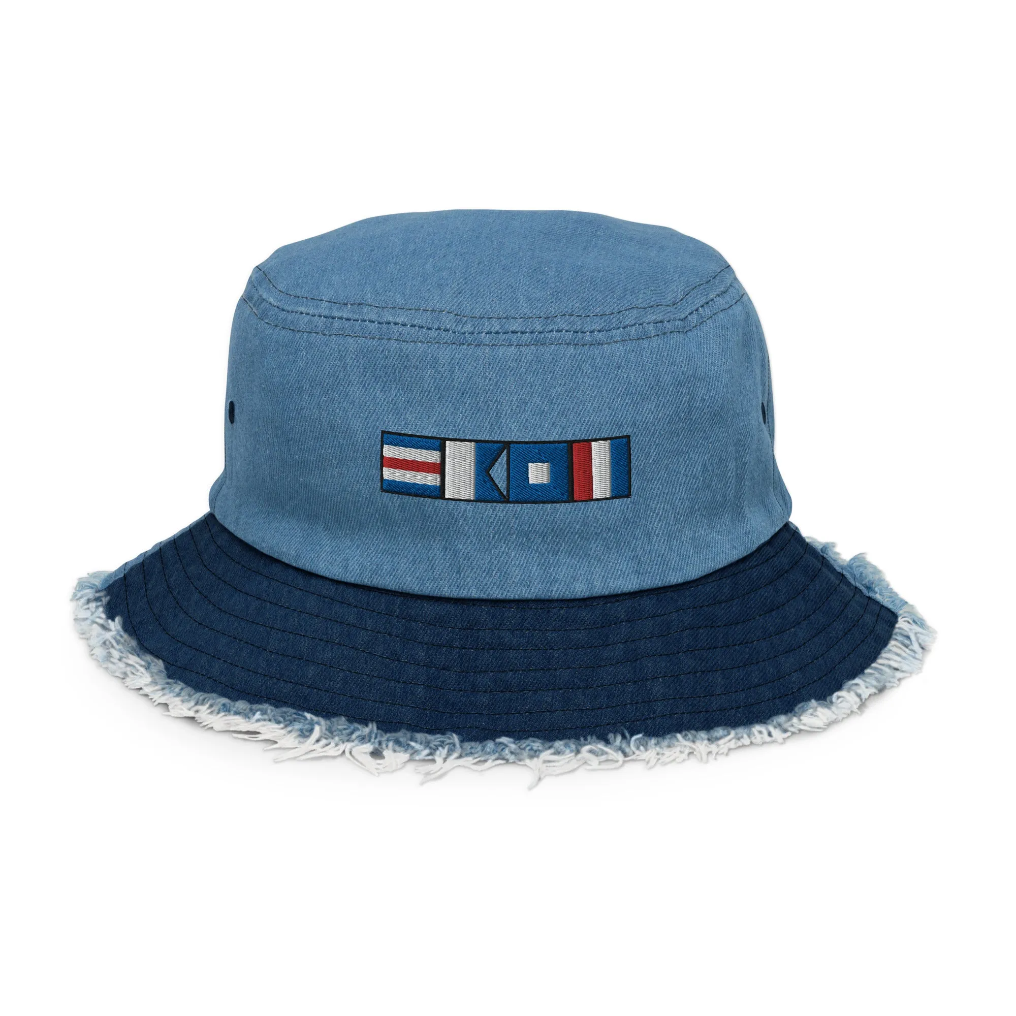 Distressed denim bucket hat with CAPT (captain) spelled using nautical flags, Semaphore flag design