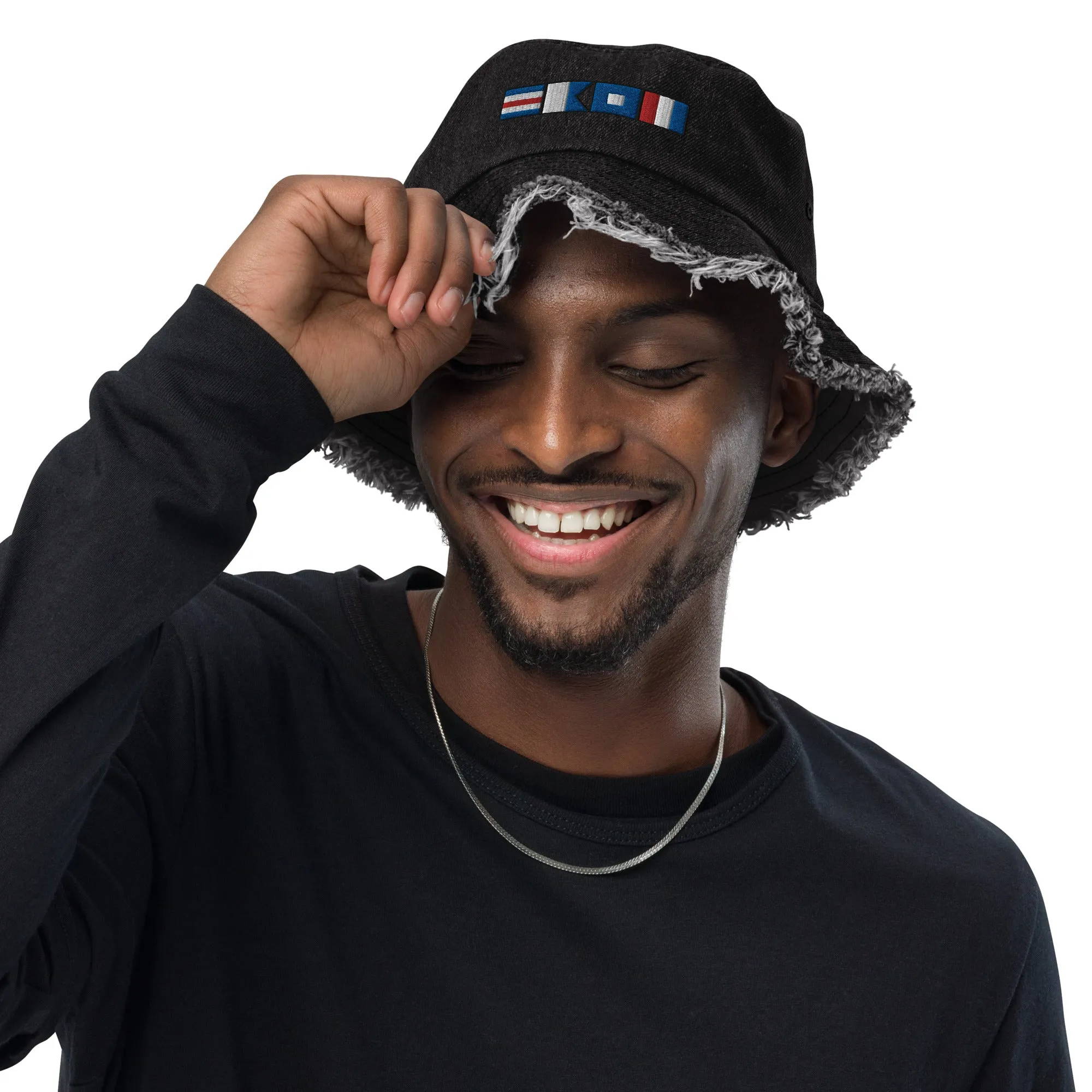 Distressed denim bucket hat with CAPT (captain) spelled using nautical flags, Semaphore flag design