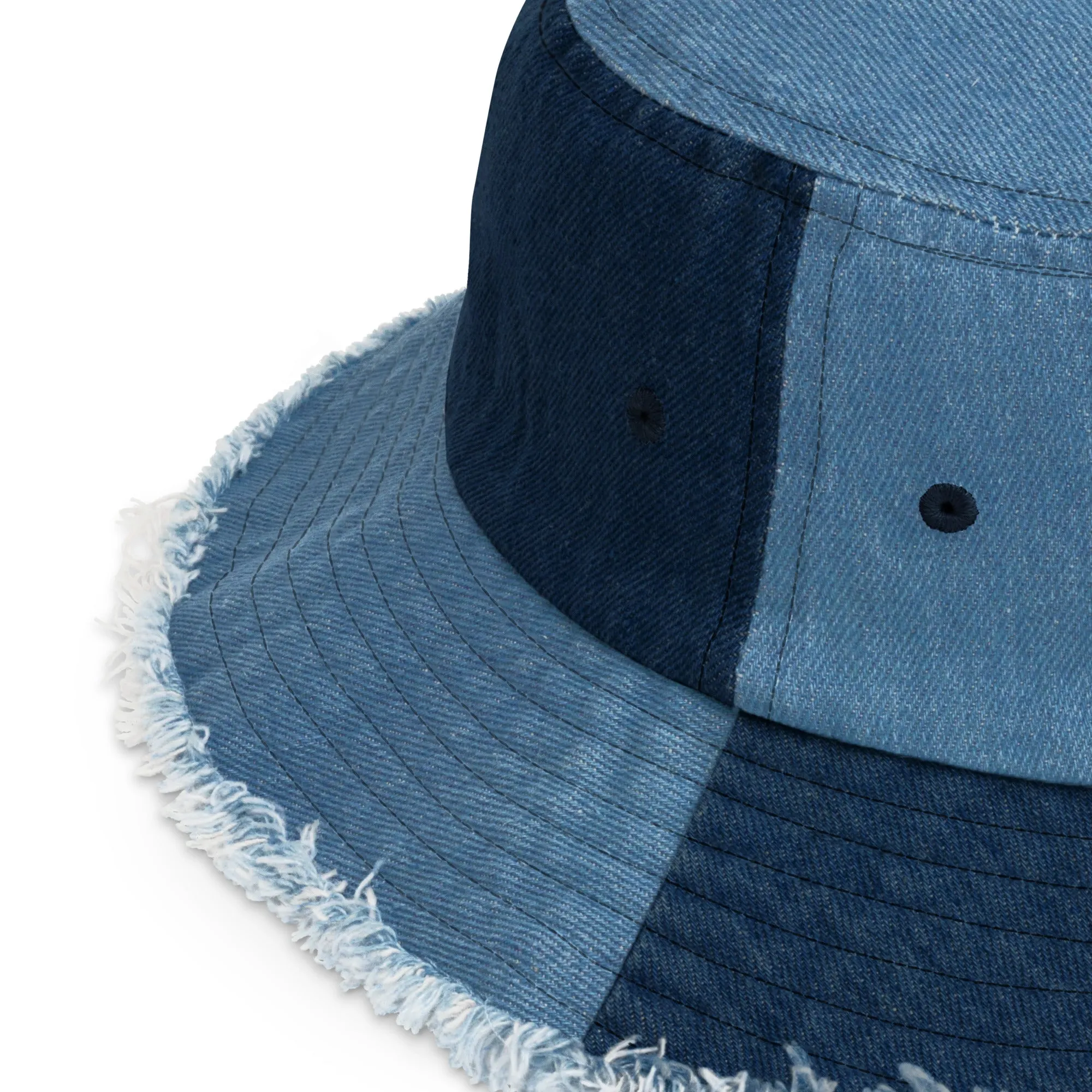 Distressed denim bucket hat with CAPT (captain) spelled using nautical flags, Semaphore flag design