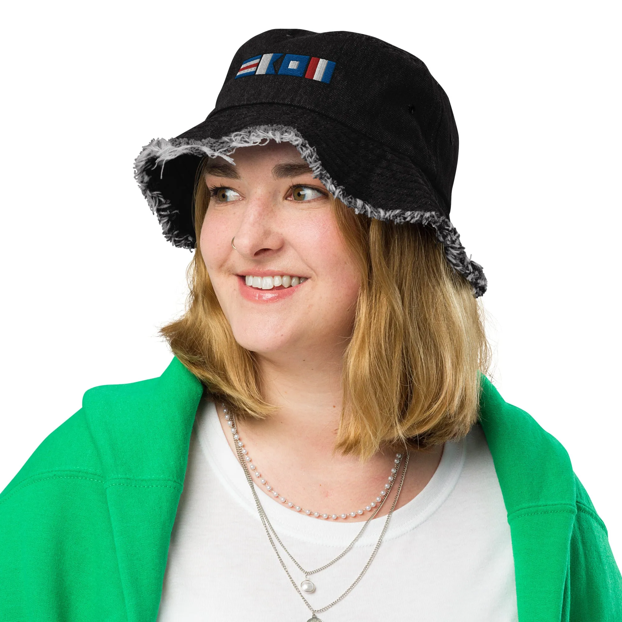 Distressed denim bucket hat with CAPT (captain) spelled using nautical flags, Semaphore flag design