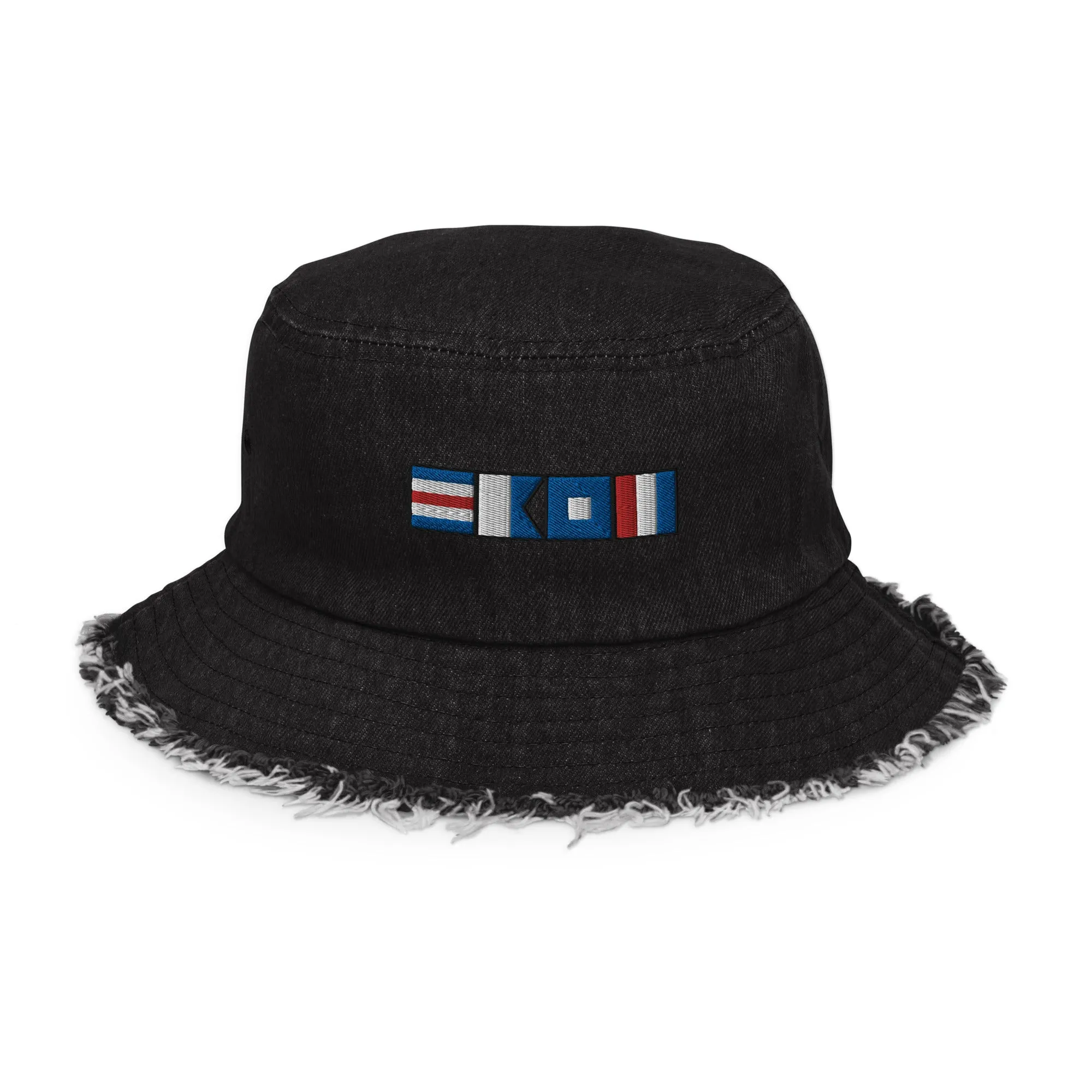 Distressed denim bucket hat with CAPT (captain) spelled using nautical flags, Semaphore flag design
