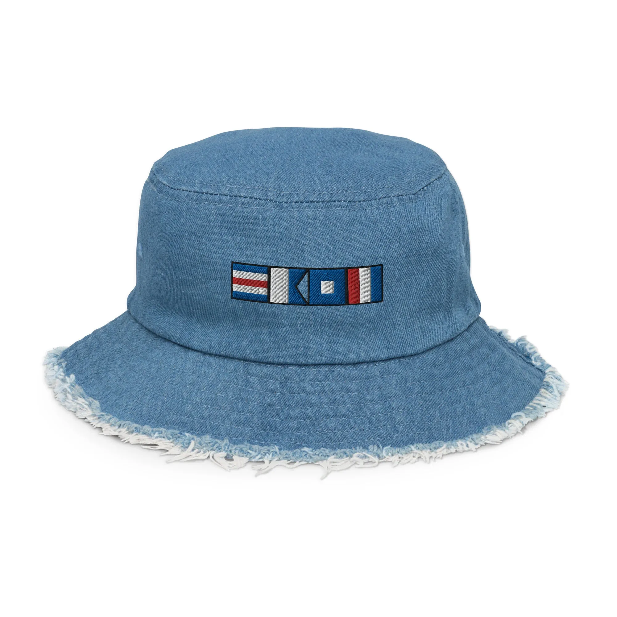 Distressed denim bucket hat with CAPT (captain) spelled using nautical flags, Semaphore flag design