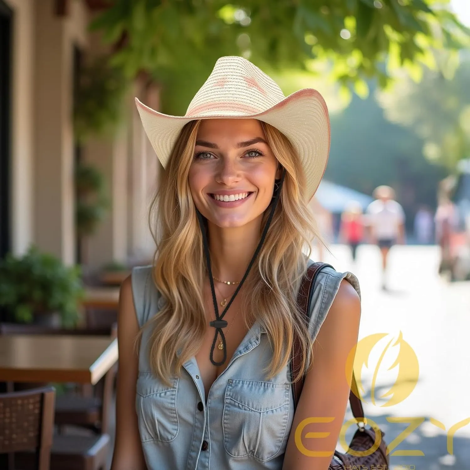 EOZY Western Cowboy Hat with String for Women Men Foldable Summer Sun Protection Straw Beach Hats with Wide Brim