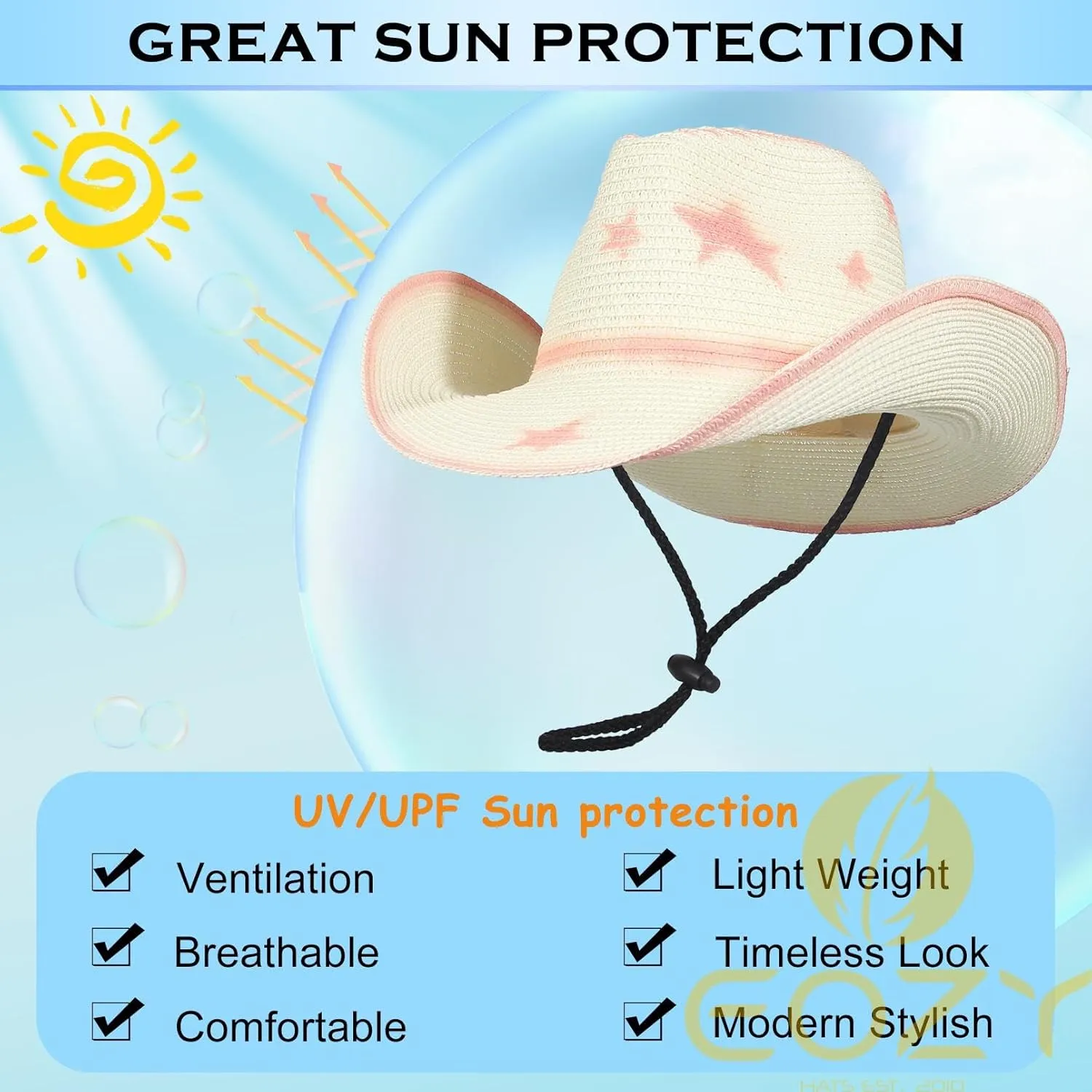 EOZY Western Cowboy Hat with String for Women Men Foldable Summer Sun Protection Straw Beach Hats with Wide Brim