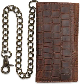 F&L CLASSIC RFID Blocking Mens Tri-fold Long Style buffalo crazy horse Leather Steel Chain Wallet,Crocodile style brown,212-20