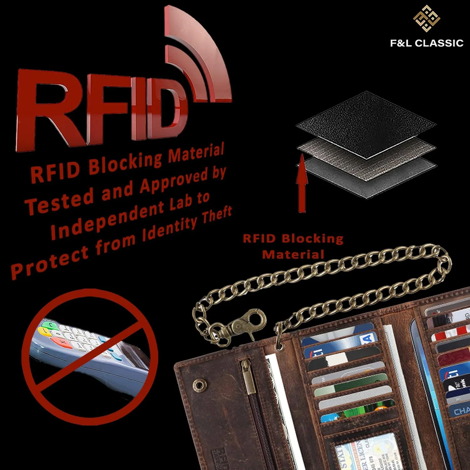 F&L CLASSIC RFID Blocking Mens Tri-fold Long Style buffalo crazy horse Leather Steel Chain Wallet,Crocodile style brown,212-20