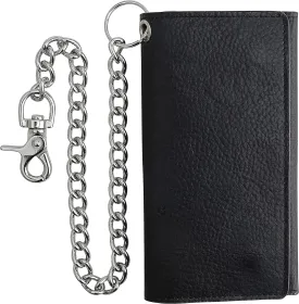 F&L CLASSIC RFID Blocking Mens Tri-fold Long Style Cowhide Leather Steel Chain Wallet,Black