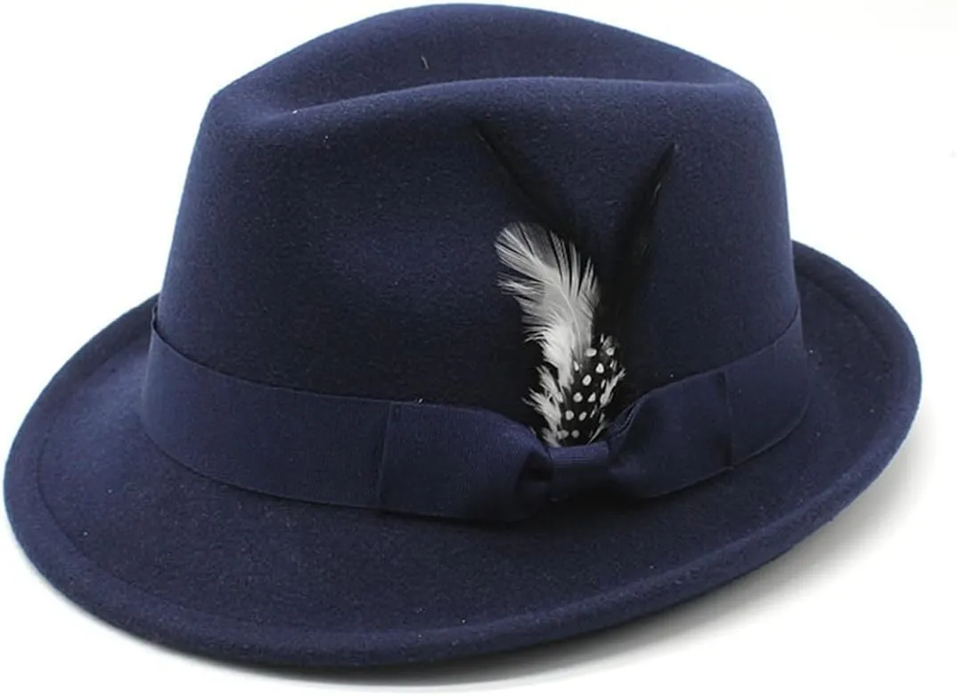 Fedora Hat for Men, Classic Short Brim Adjustable Panama Hat with Feather Winter Felt Jazz Cap