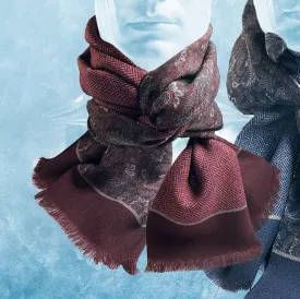 Italian Wool Reversible Scarf - Paisley to Chevron in Burgundy, Grey, and Silver by Dion