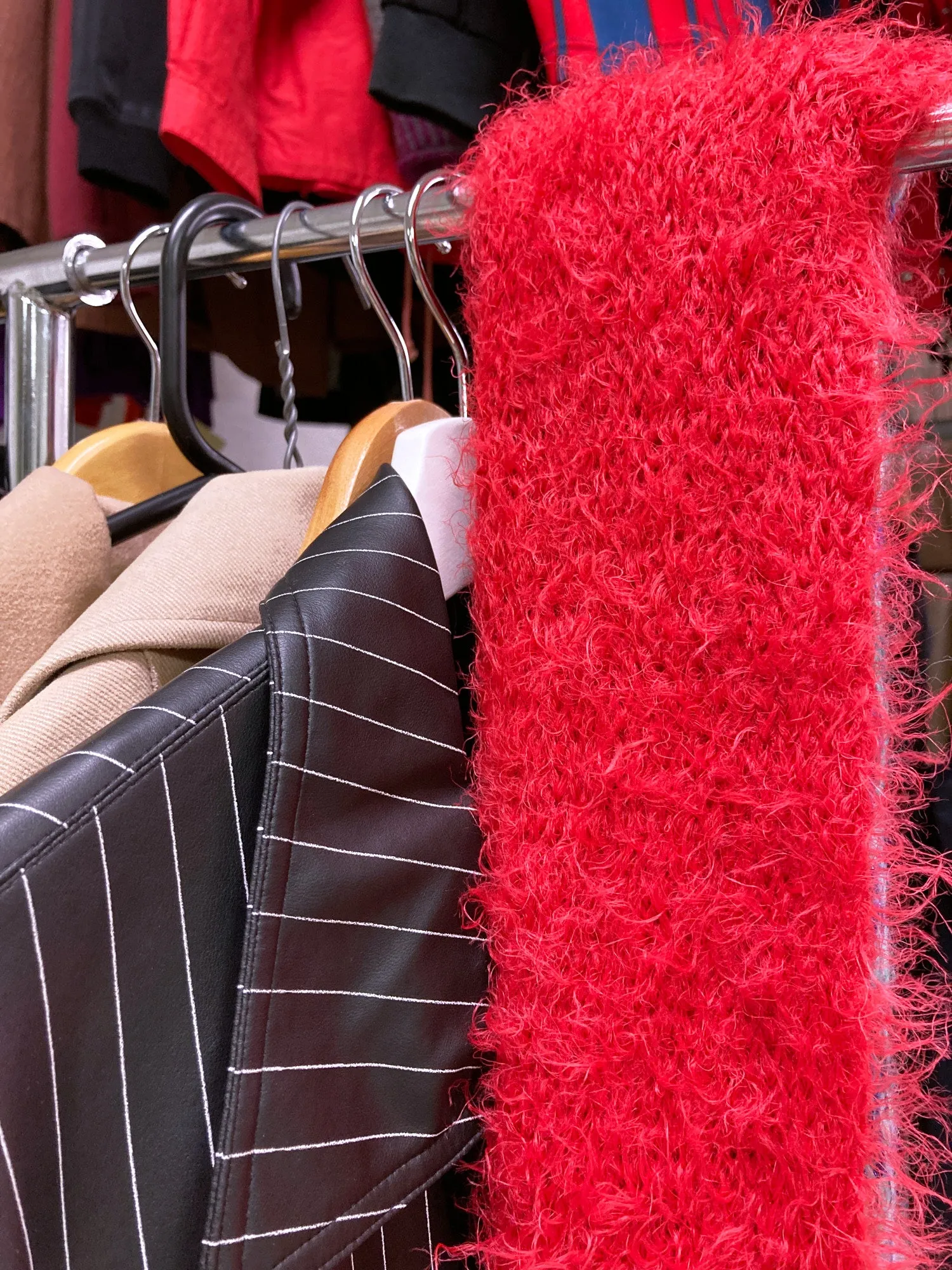 Jean Colonna red mohair-y scarf with safety pin