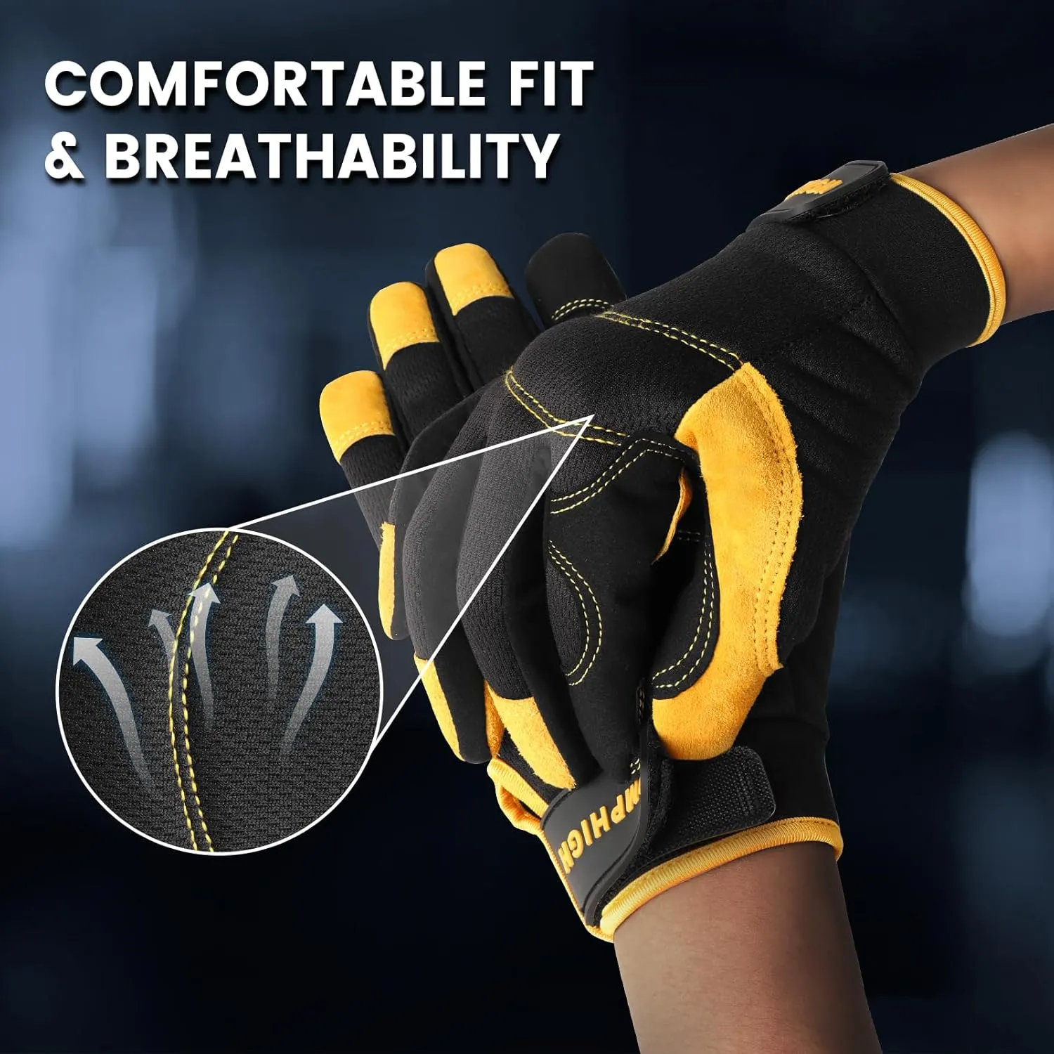 JUMPHIGH Mens Work Gloves, Synthetic Leather Mechanic Gloves Utility Gloves, Touchscreen Working Gloves for Multipurpose, Construction, Warehouse, Truck Driving(Yellow/L)