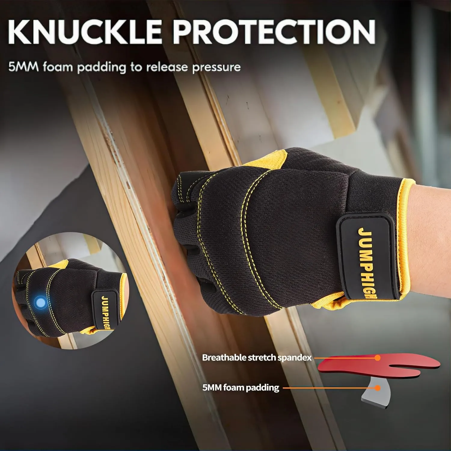JUMPHIGH Mens Work Gloves, Synthetic Leather Mechanic Gloves Utility Gloves, Touchscreen Working Gloves for Multipurpose, Construction, Warehouse, Truck Driving(Yellow/L)