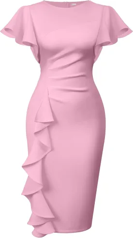 Memoriesea Women's Vintage Church Ruffle Sleeve Ruched Bodycon Work Midi Pencil Dress