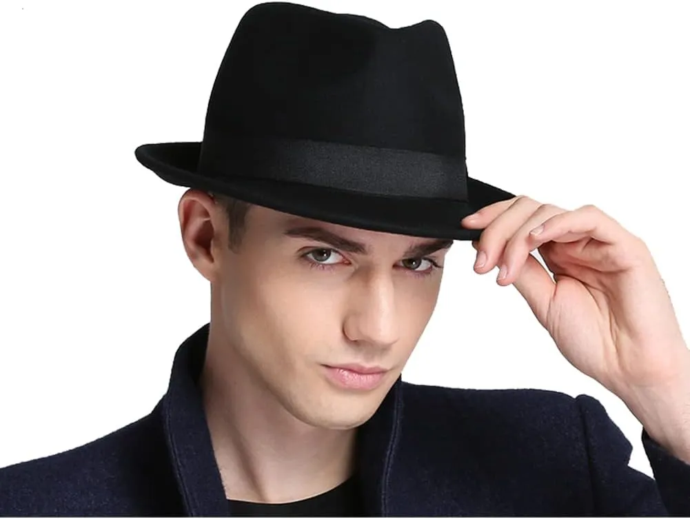 Men Warm Fedoras Felt Trilby Hat Vintage Panama with Short Brim Winter Bowler Outdoor British Jazz Costume Headwear