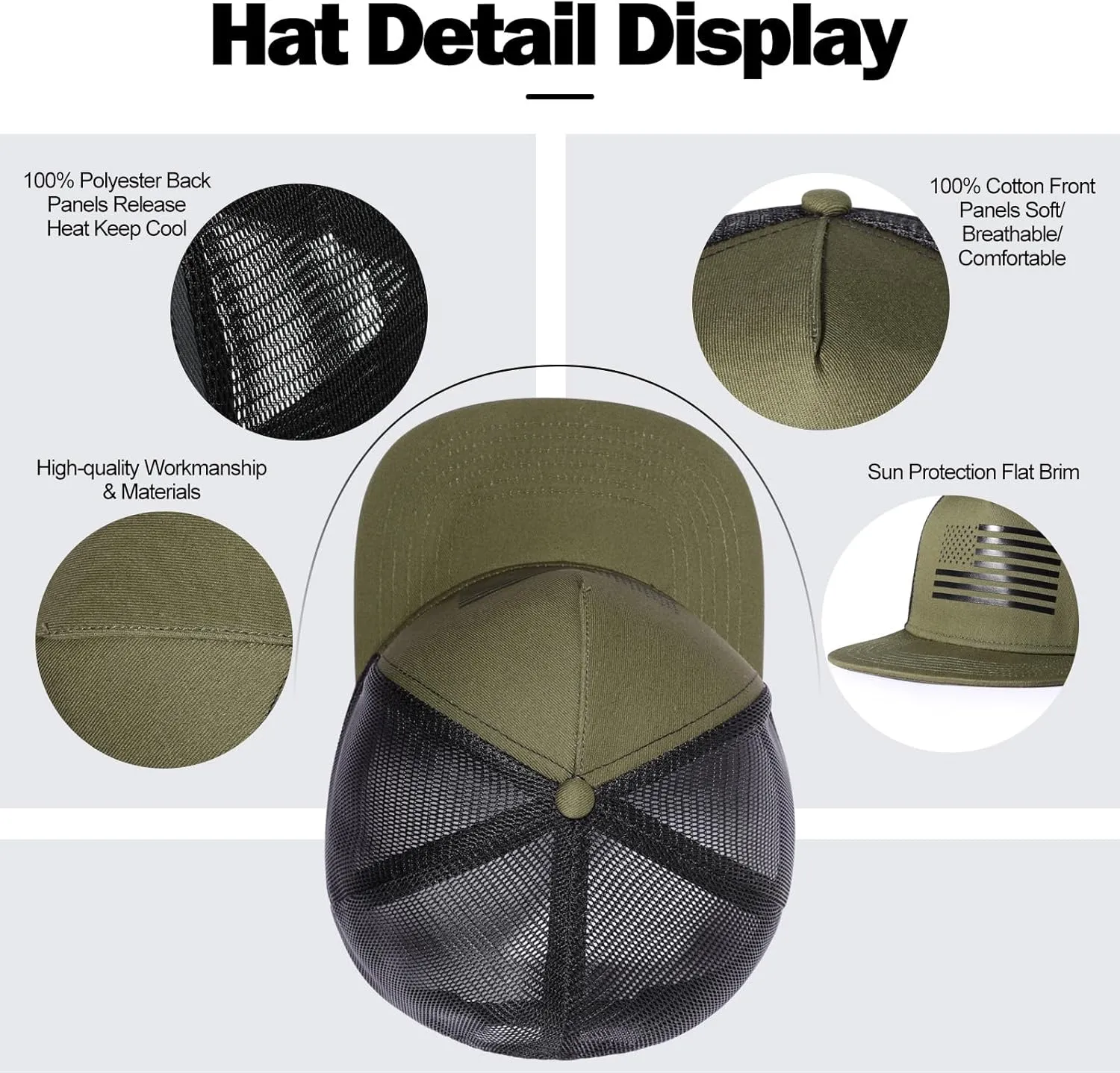 Men's Oversize XXL American Flag Flat Brim Cap - 3D Embossed Logo Mesh Snapback Hat - Adjustable Flat Bill Hats