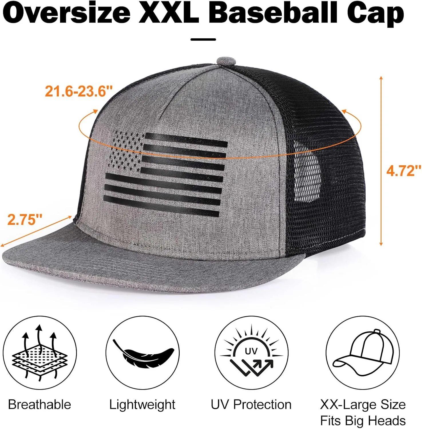 Men's Oversize XXL American Flag Flat Brim Cap - 3D Embossed Logo Mesh Snapback Hat - Adjustable Flat Bill Hats