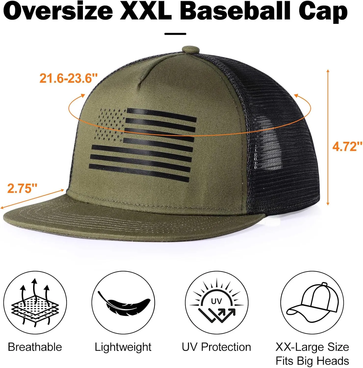Men's Oversize XXL American Flag Flat Brim Cap - 3D Embossed Logo Mesh Snapback Hat - Adjustable Flat Bill Hats