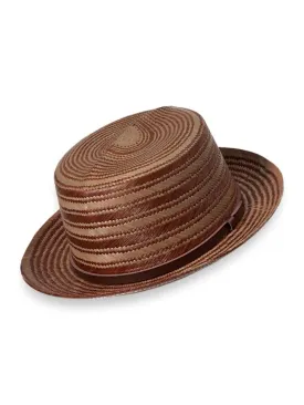 Paul Fredrick Men's Panama Straw Fedora with Leather Band Brown Multi l