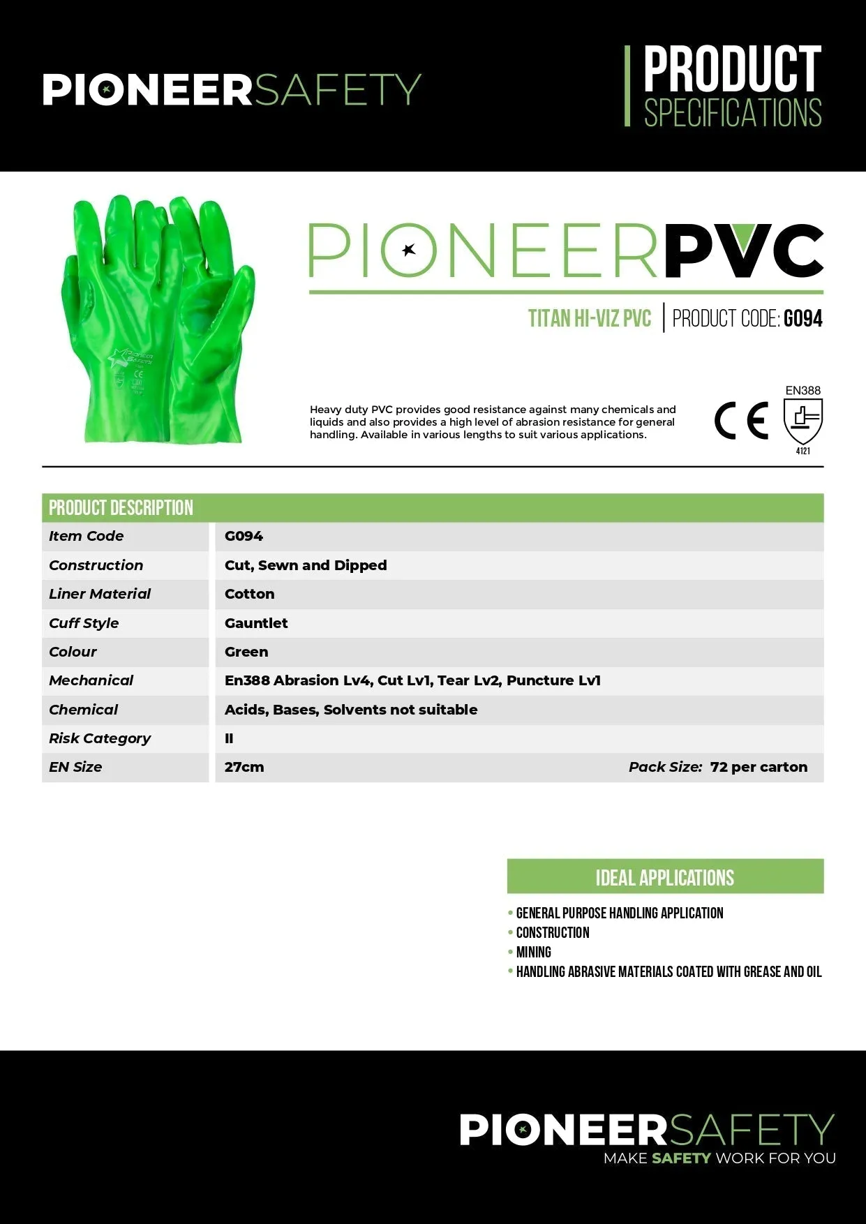 PIONEER SAFETY Gloves PVC Reinforced High Visibility Green 27cm G094