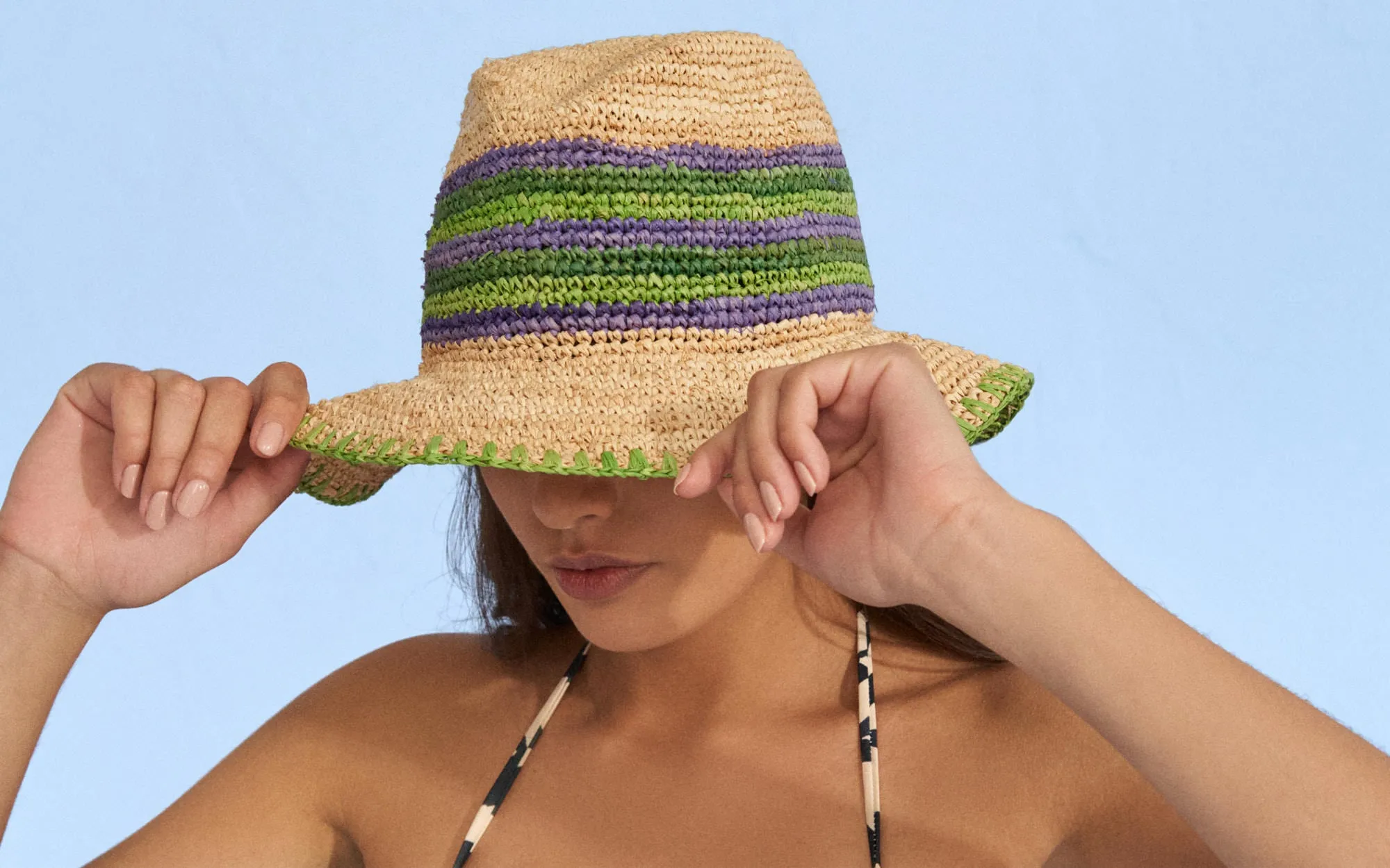 Raffia Panama Hat - E85HH - Emili Sindlev x Manebí Tan Summer Purple And Vitamin Green Mix