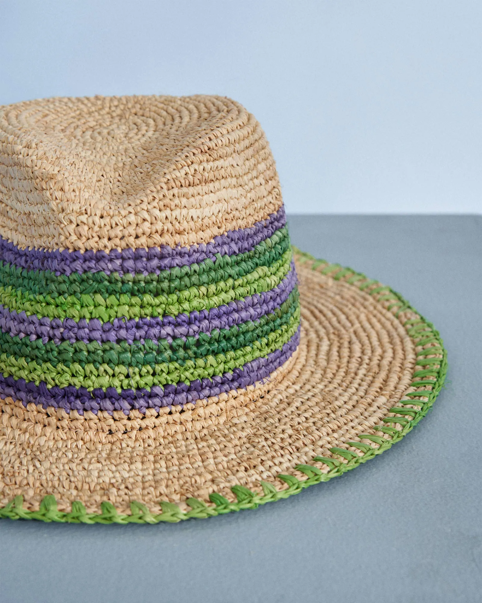 Raffia Panama Hat - E85HH - Emili Sindlev x Manebí Tan Summer Purple And Vitamin Green Mix