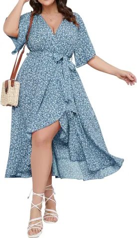SCOMCHIC Women Plus Size Maxi Dress Short Sleeve Wrap V Neck High Low Split Ruffle Long Dress