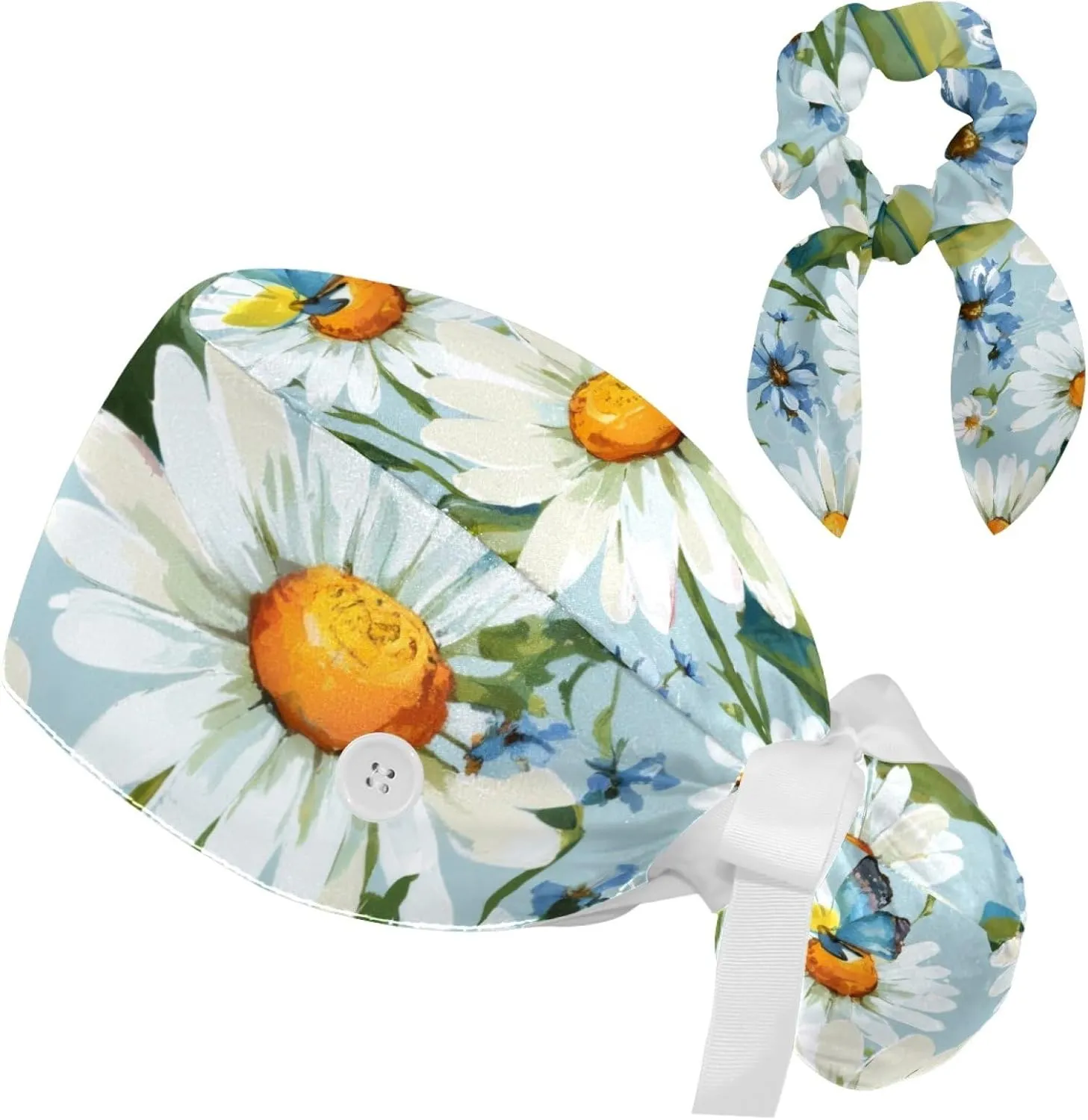 Scrub Caps Women, Adjustable Ponytail Holder Surgical Cap with Hair Scrunchy, Floral Flower Daisies and Butterflies Blue White