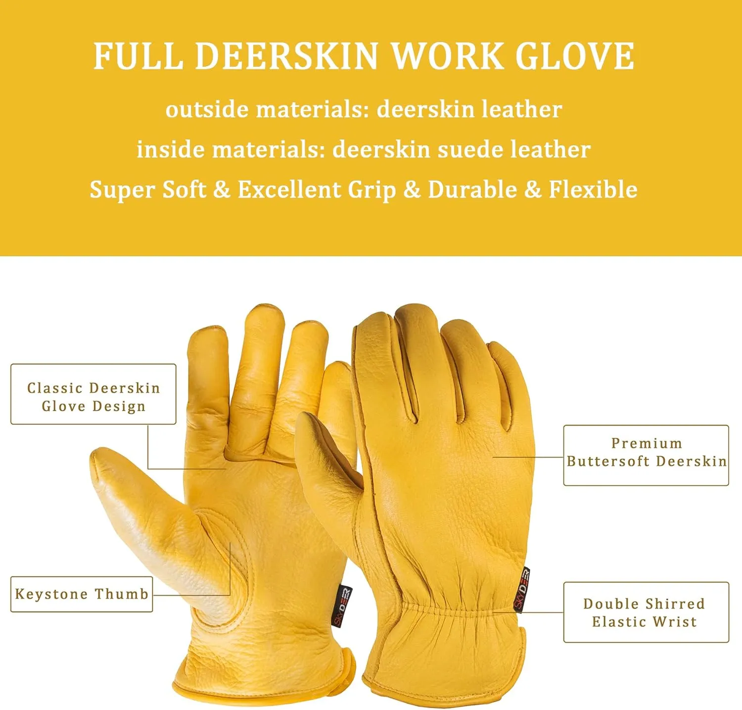SKYDEER Full Grain Deerskin Leather Gloves for Men and Women, Extra Soft and Hands Protection, 3D Ergonomic Design