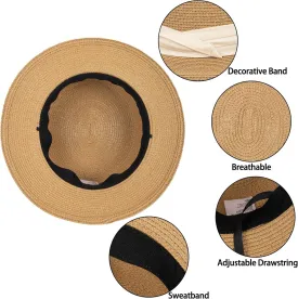 Straw Beach Sun Hat Pork-Pie Boater-Hat for Women Men - Summer Wide Brim Uv-Rays Panama Hat