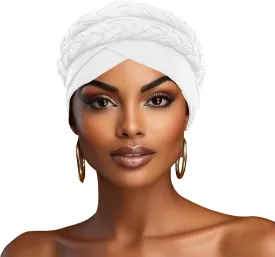 Stretchy Turban Cap Chemo Head Wraps Hair Bonnet Pleated Stretch Ruffle Women's Soft Material Chemo Turban Hat Pre Tied Double Braid Headwrap Hat Women African Turban Scarf Headwrap Hat (White)