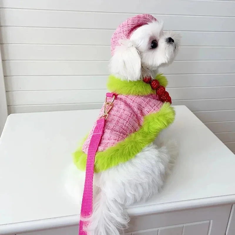 Tres Chic Pink & Lime Tweed Coat, Hat & Leash Set