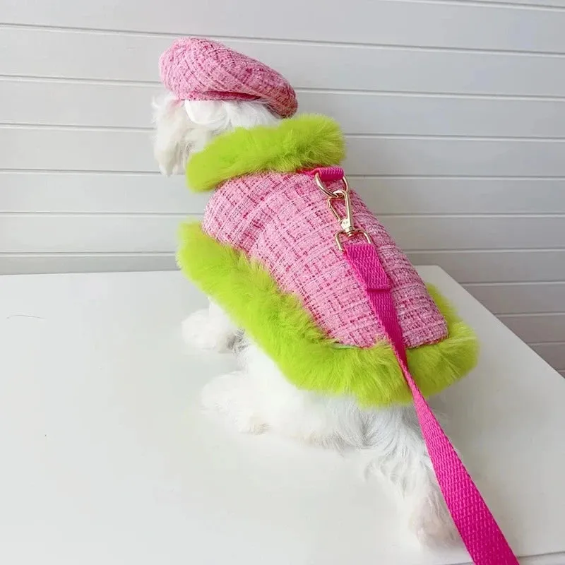 Tres Chic Pink & Lime Tweed Coat, Hat & Leash Set