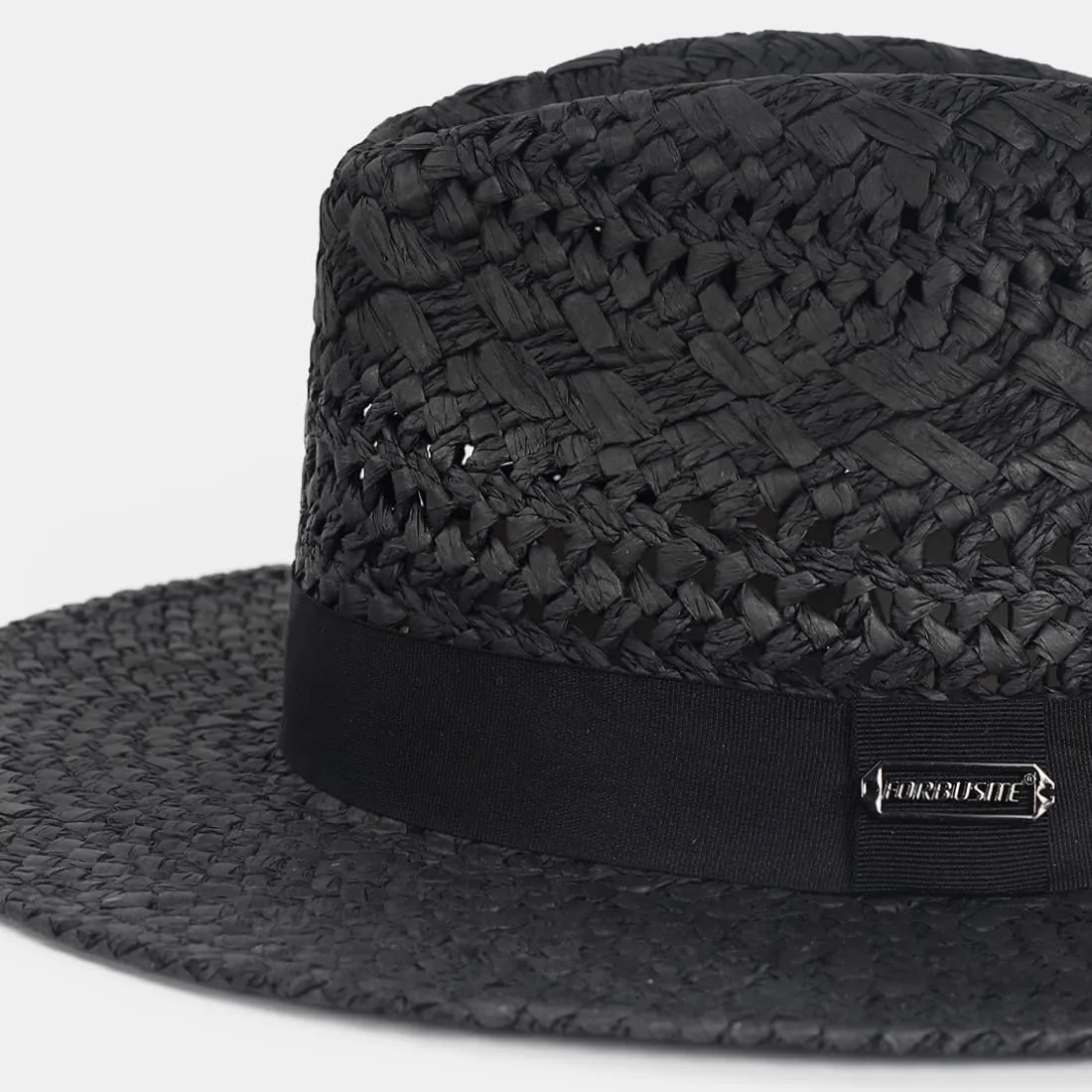 Vented Panama Fedora Sun Hat for Men Women, Black Ribbon and Patterned Weave Accent