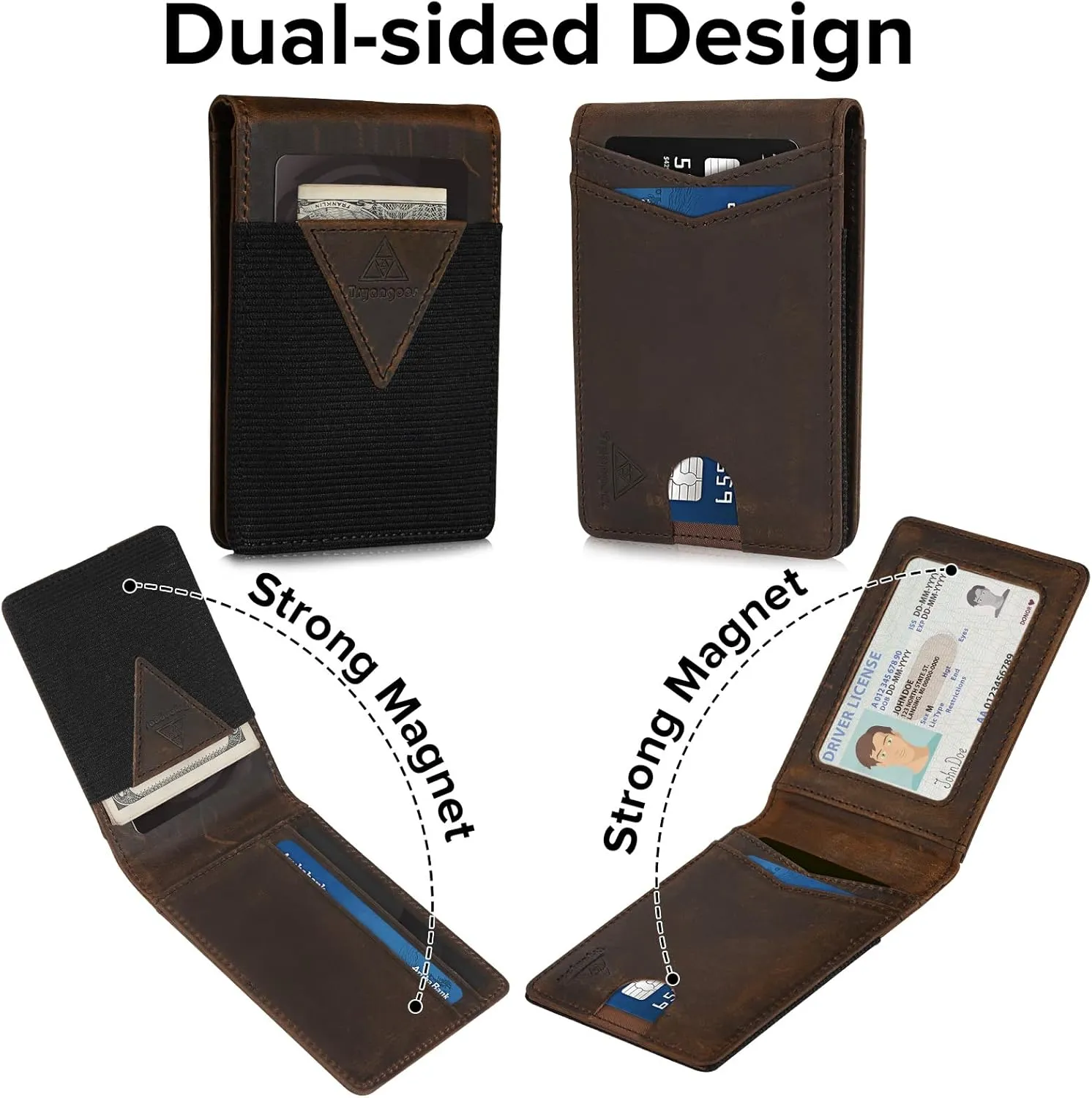 Wallet for Men Genuine Leather RFID Blocking Bifold compact Wallet With Magnetic Closure 1 ID Window (CH Dark Brown)