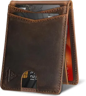 Wallet for Men Genuine Leather RFID Blocking Bifold compact Wallet With Magnetic Closure 1 ID Window (CH Dark Brown)