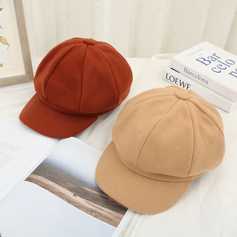 Winter Wool Beret Hat Women Solid Cabbie Visor Newsboy Cap