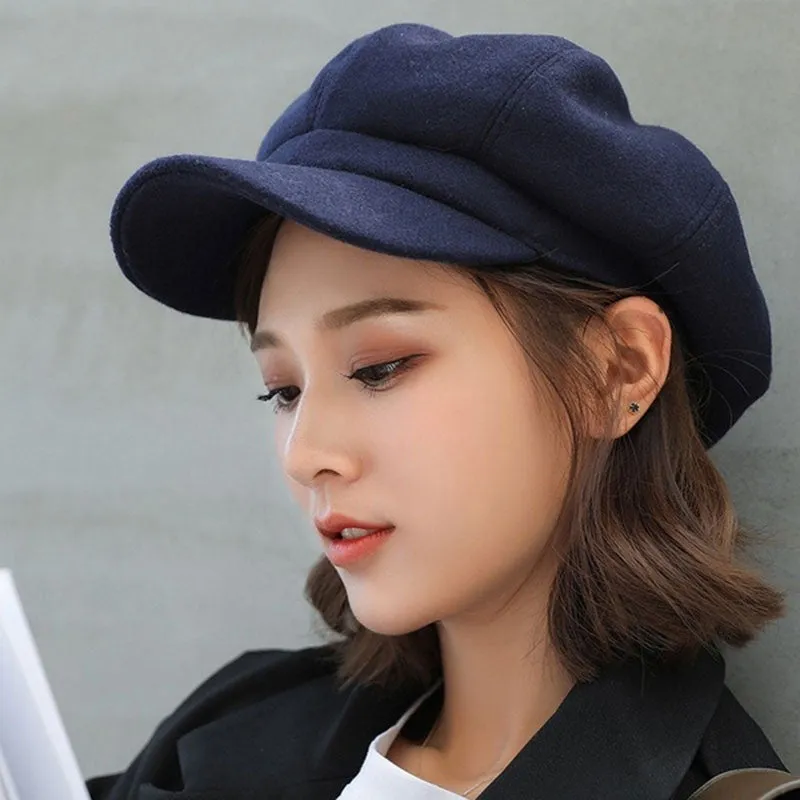 Winter Wool Beret Hat Women Solid Cabbie Visor Newsboy Cap
