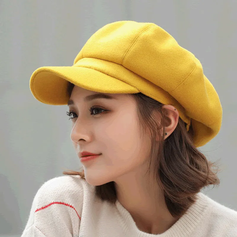 Winter Wool Beret Hat Women Solid Cabbie Visor Newsboy Cap