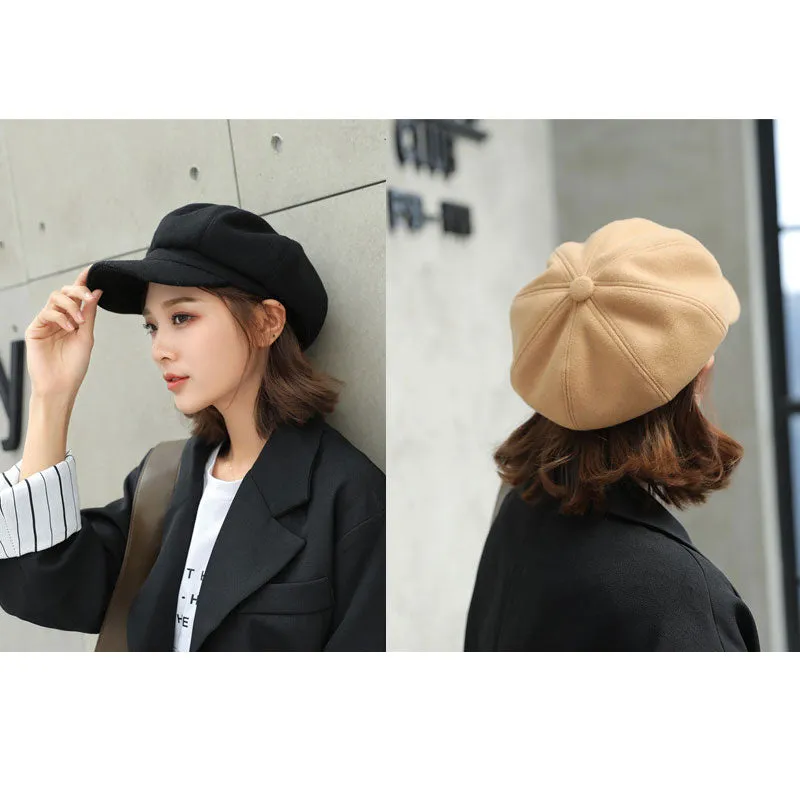 Winter Wool Beret Hat Women Solid Cabbie Visor Newsboy Cap