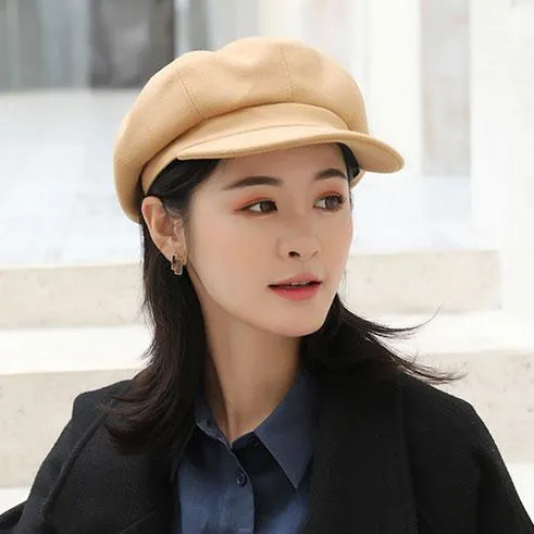 Winter Wool Beret Hat Women Solid Cabbie Visor Newsboy Cap