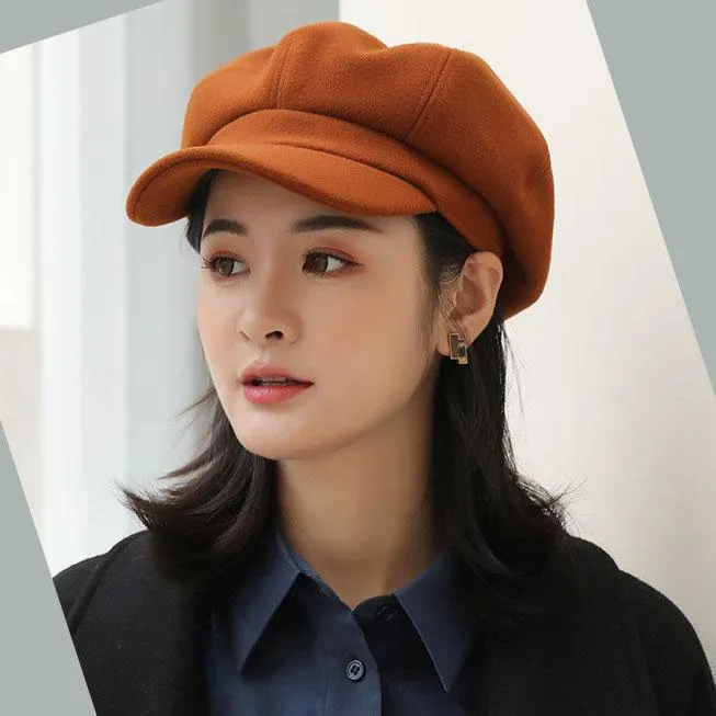 Winter Wool Beret Hat Women Solid Cabbie Visor Newsboy Cap